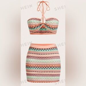 SHEIN ICON Chevron Print Halter Top & Bodycon Skirt